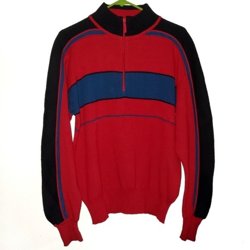 Vintage Meister 80s Colorblock Ski Sweater 1/4 Zip Red Blue Wool Blend Medium